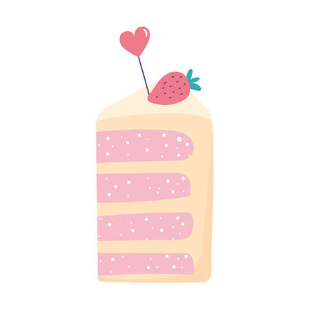 happy birthday piece cake with fruit and heart cartoon isolated design icon vector illustrationのイラスト素材