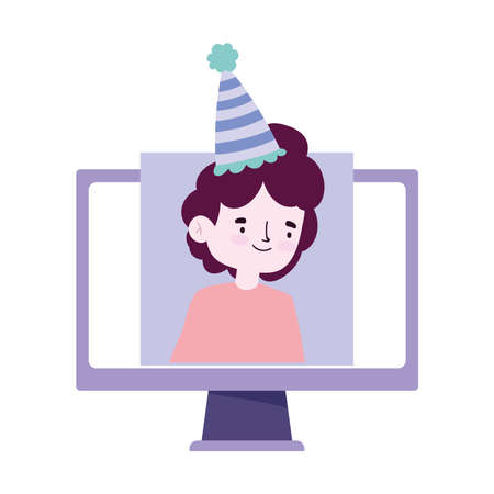 online party, meeting friends, man with hat in video computer celebrating event vector illustrationのイラスト素材