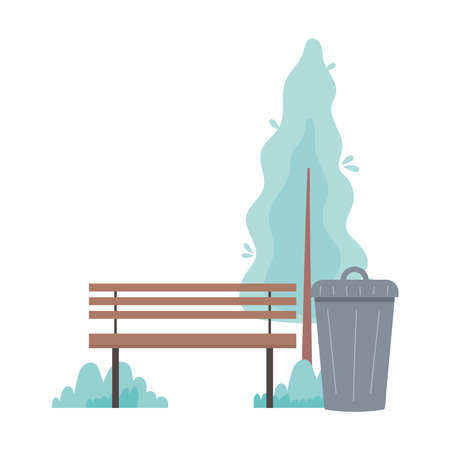 park bench tree bush vegetation bin waste outdoor design vector illustrationのイラスト素材