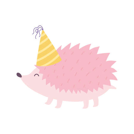cute hedgehog with party hat happy birthday cartoon isolated design icon vector illustrationのイラスト素材