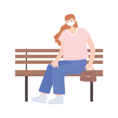 young woman with medical mask and bag sitting on bench isolated design icon vector illustrationのイラスト素材