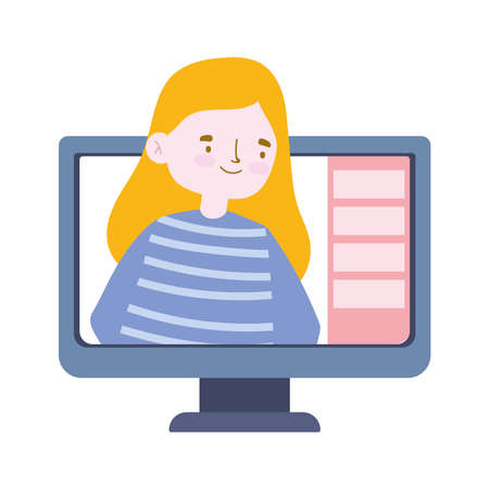 online party, meeting friends, woman computer celebrating event vector illustrationのイラスト素材