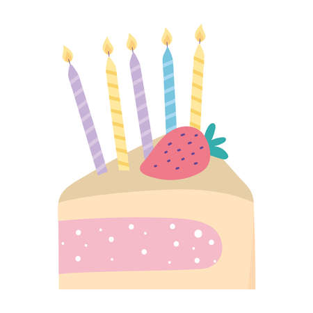 happy birthday slice cake with fruit cartoon isolated design icon vector illustrationのイラスト素材