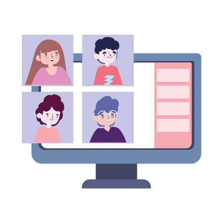 online party, meeting friends, people keep in touch using video call on laptop vector illustrationのイラスト素材