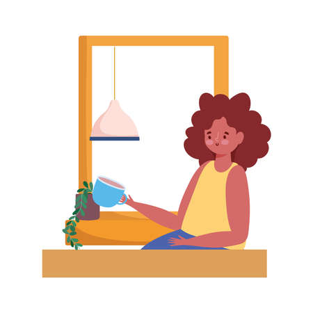 woman drinking coffee in window alone cartoon vector illustrationのイラスト素材