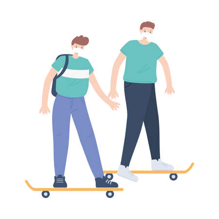 people with medical face mask, young men riding skate in the city, activity during coronavirus vector illustrationのイラスト素材