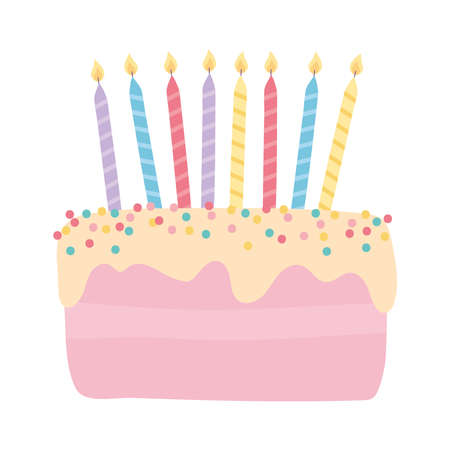happy birthday sweet cake with burning candles celebration cartoon isolated design icon vector illustrationのイラスト素材