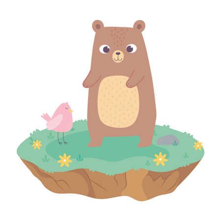 cute bear and bird animals adorable with flowers cartoon vector illustrationのイラスト素材