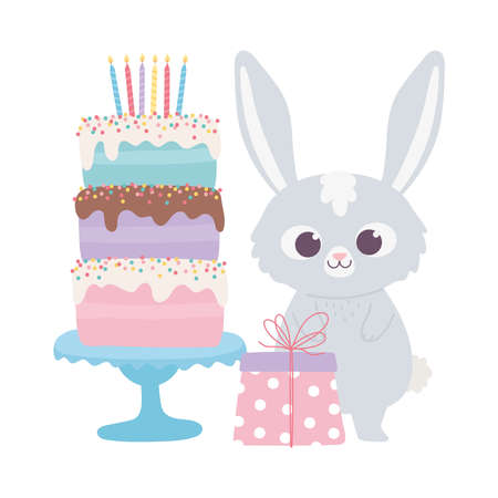 happy birthday, cute rabbit with sweet cake and gift celebration decoration cartoon illustrationのイラスト素材