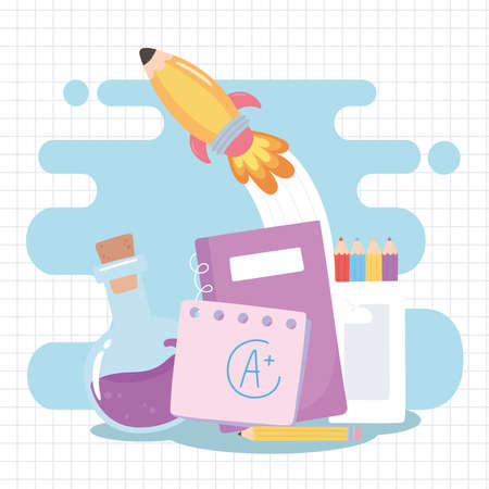back to school, notebook pencils test tube and rocket education cartoon vector illustrationのイラスト素材