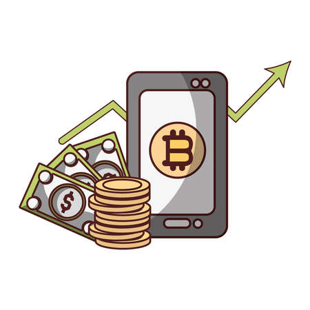 bitcoin smartphone banknote dollar cryptocurrency transaction digital money vector illustrationのイラスト素材