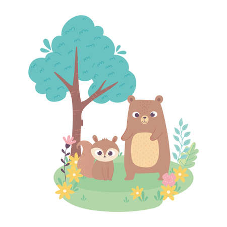 cute little squirrel and bear on grass with flowers and tree cartoon vector illustrationのイラスト素材