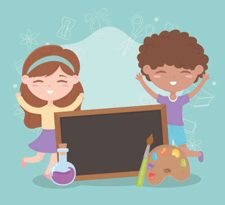back to school, student boy and girl blackboard test tube and color palette education cartoon vector illustrationのイラスト素材