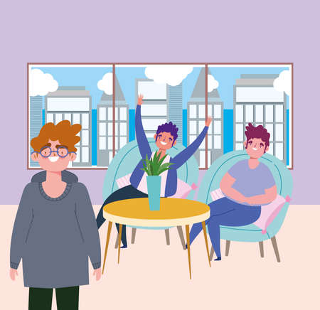 social distancing restaurant or a cafe, happy group men characters, covid 19 coronavirus, new normal life vector illustrationのイラスト素材