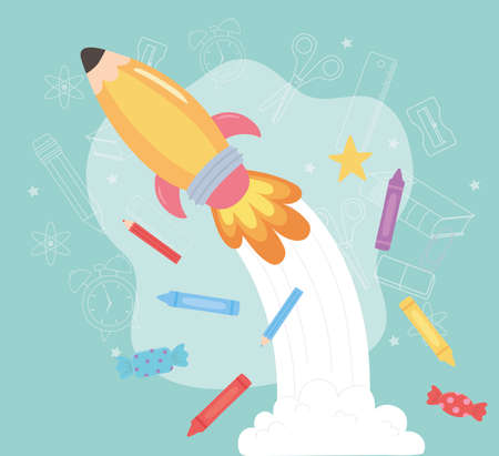 back to school, crayons pencils and rocket education cartoon vector illustrationのイラスト素材