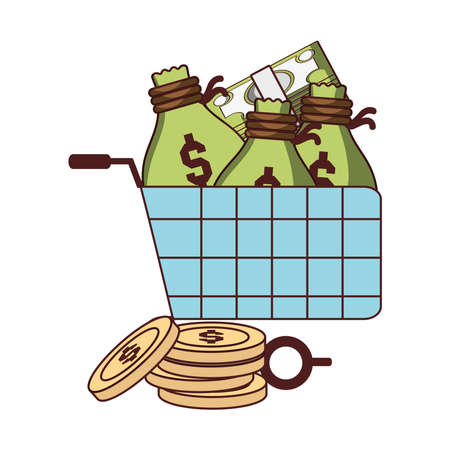business financial shopping cart with money bags coins and banknotes vector illustrationのイラスト素材