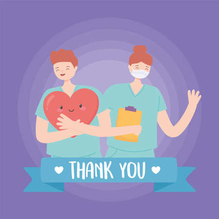 thank you doctors and nurses, male and female nurse character with heart and clipboard vector illustrationのイラスト素材