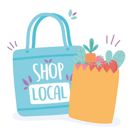 support local business, shop small market eco and paper bag with food vector illustrationのイラスト素材