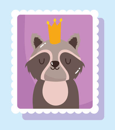 cute raccoon with crown animals cartoon postage mail stamp vector illustrationのイラスト素材