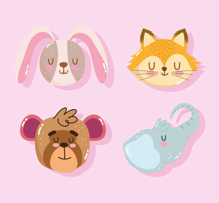 cute cartoon animal face adorable little elephant fox rabbit and monkey vector illustrationのイラスト素材