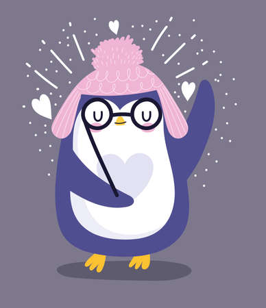 penguin with glasses and pompom hat bird animal cartoon wildlife illustrationのイラスト素材