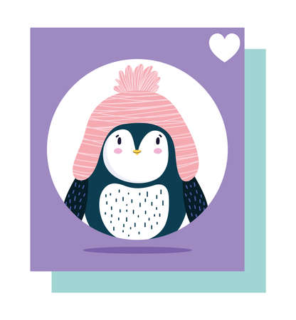 cute penguin pink hat bird animal cartoon wildlife card illustrationのイラスト素材