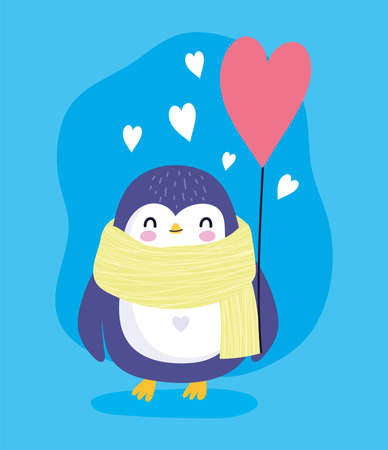 penguin with scarf and balloon heart antarctic bird animal cartoon wildlife illustrationのイラスト素材