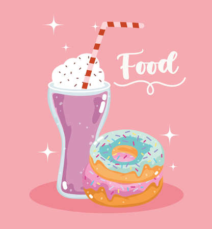 fast food sweet donut and milkshake menu restaurant unhealthy, poster hand drawn lettering illustrationのイラスト素材