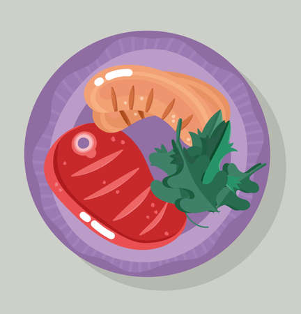 food dinner in dish, menu fresh beef steak and sausage illustrationのイラスト素材