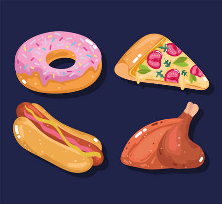 fast food set meal menu lunch restaurant pizza donut hot dog and roasted chicken illustrationのイラスト素材