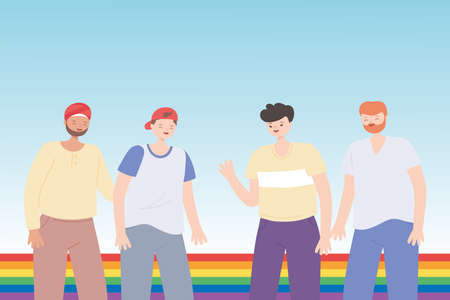 LGBTQ community, young group men rainbow flag celebration, gay parade sexual discrimination protest vector illustrationのイラスト素材