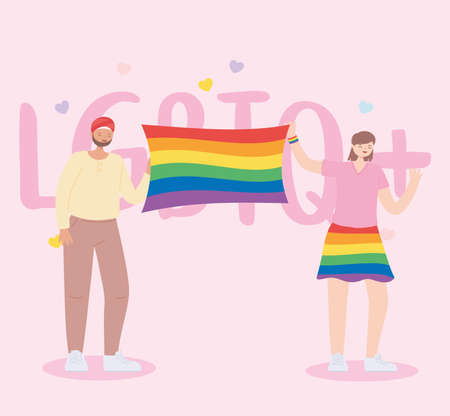 LGBTQ community, man and woman diversity with rainbow flag, gay parade sexual discrimination protest vector illustrationのイラスト素材