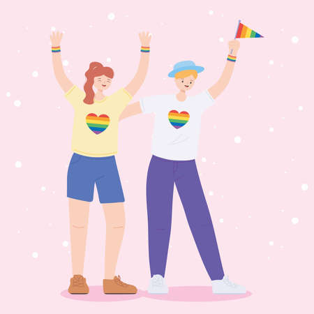 LGBTQ community, young lesbian women celebrating cartoon, gay parade sexual discrimination protest vector illustrationのイラスト素材