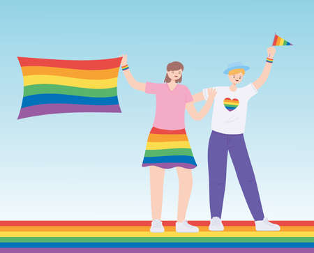 LGBTQ community, people with clothes and flags rainbow color, gay parade sexual discrimination protest vector illustrationのイラスト素材