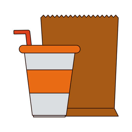 takeaway disposable cup and paper bag line and fill style icon vector illustrationのイラスト素材