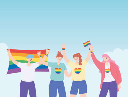 LGBTQ community, happy group people tolerance celebration, gay parade sexual discrimination protest vector illustrationのイラスト素材