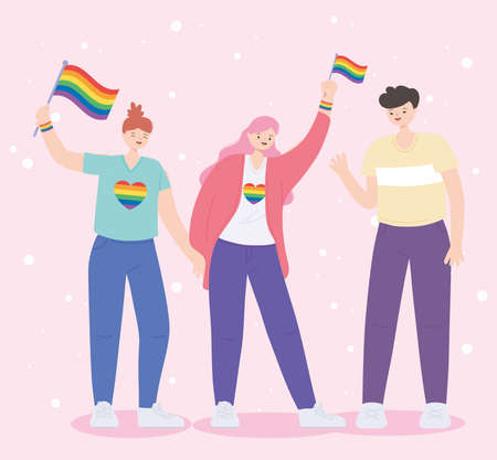 LGBTQ community, activists participating in lgbtq pride with rainbow flags vector illustrationのイラスト素材