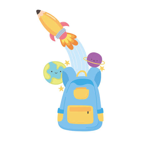 back to school, backpack rocket and planets education cartoon vector illustrationのイラスト素材