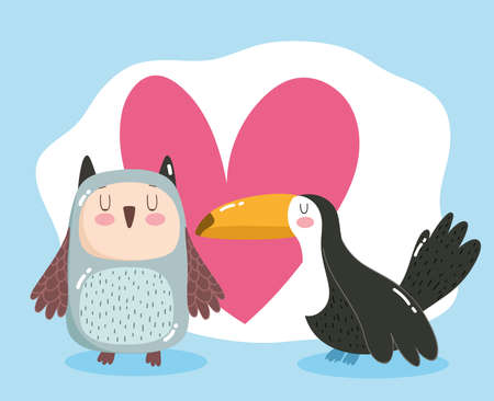 cute animal adorable little owl and toucan birds heart cartoon vector illustrationのイラスト素材