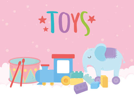 kids toys object amusing cartoon elephant drum train and blocks vector illustrationのイラスト素材