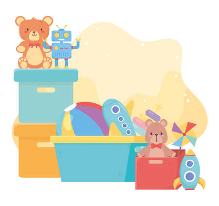 boxes and bucket with many cartoon kids toys vector illustrationのイラスト素材