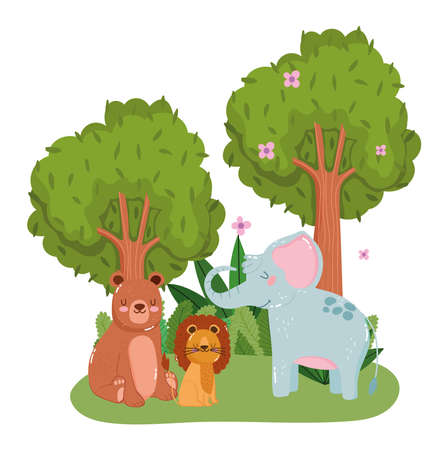 cute animals elephant lion bear grass flowers trees forest nature wild cartoon vector illustrationのイラスト素材