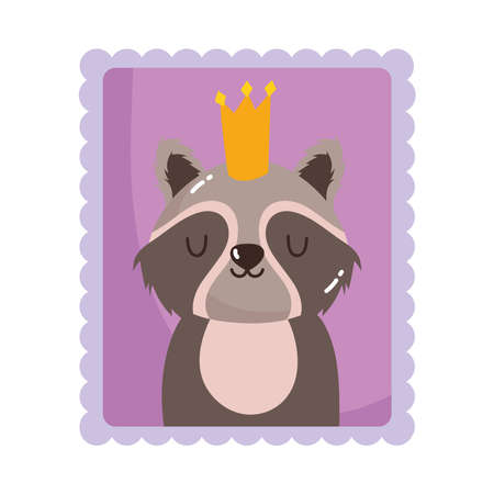 cute raccoon with crown animals cartoon postage mail stamp vector illustrationのイラスト素材