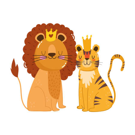 cute animals lion with crown and tiger nature wild cartoon vector illustrationのイラスト素材