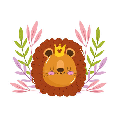 cute cartoon animal adorable wild character little lion with crown foliage vector illustrationのイラスト素材