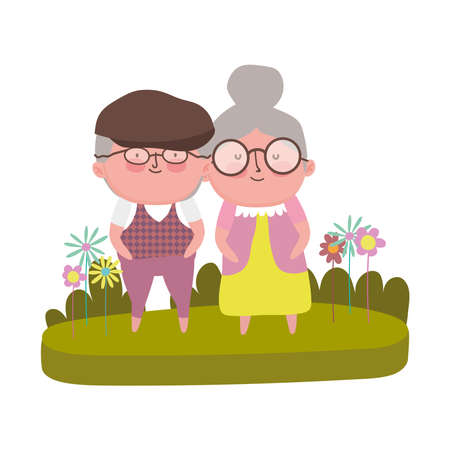 grandparents day, grandfather and grandmother grass flowers cartoon foliage vector illustrationのイラスト素材