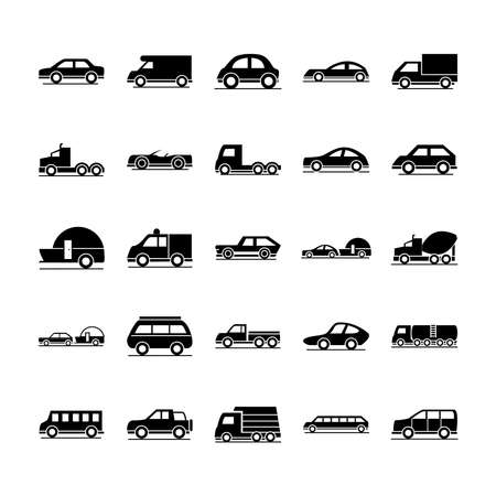 car model construction passenger public service transport vehicle silhouette style icons set design vector illustration