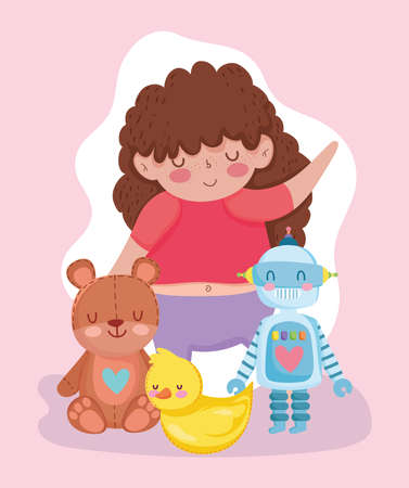toys object for small kids to play cartoon, cute girl with teddy bear robot and duck vector illustrationのイラスト素材