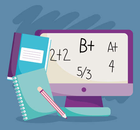 back to school, computer maths lesson books and pencil elementary education cartoon vector illustrationのイラスト素材