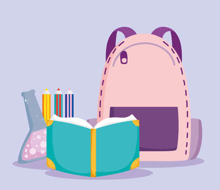 back to school, backpack book test tube and pencils elementary education cartoon vector illustrationのイラスト素材